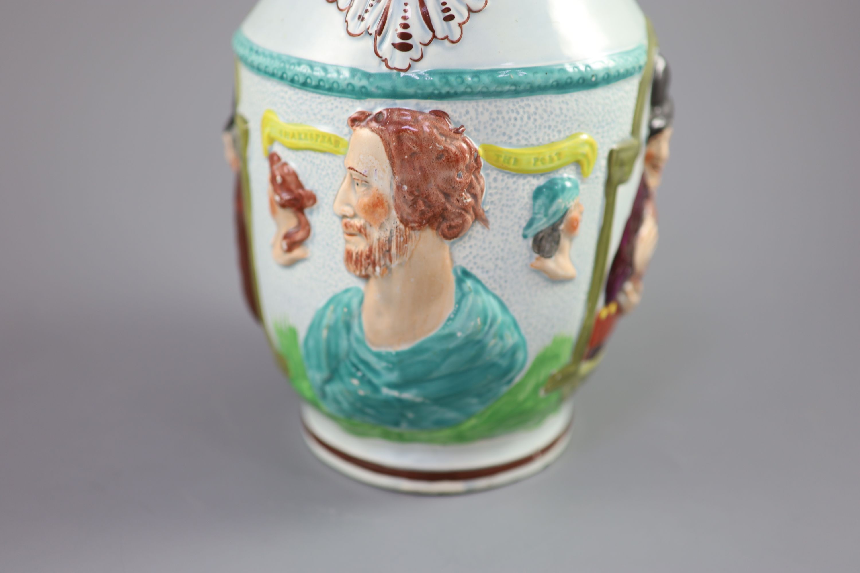 A Staffordshire pearlware Shakespear The Poet The Miser and Spendthrift jug, c.1800, 23cm high